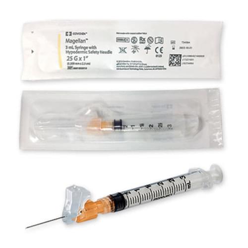 Syringe with Hypodermic Needle - Magellan™ 3 mL Syringe with Attached 25 Gauge 1 Inch Sliding Safety Needle