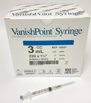 Syringe with Hypodermic Needle - VanishPoint® 3 mL Syringe with Attached 23 Gauge 1-1/2 Inch Retractable Safety Needle